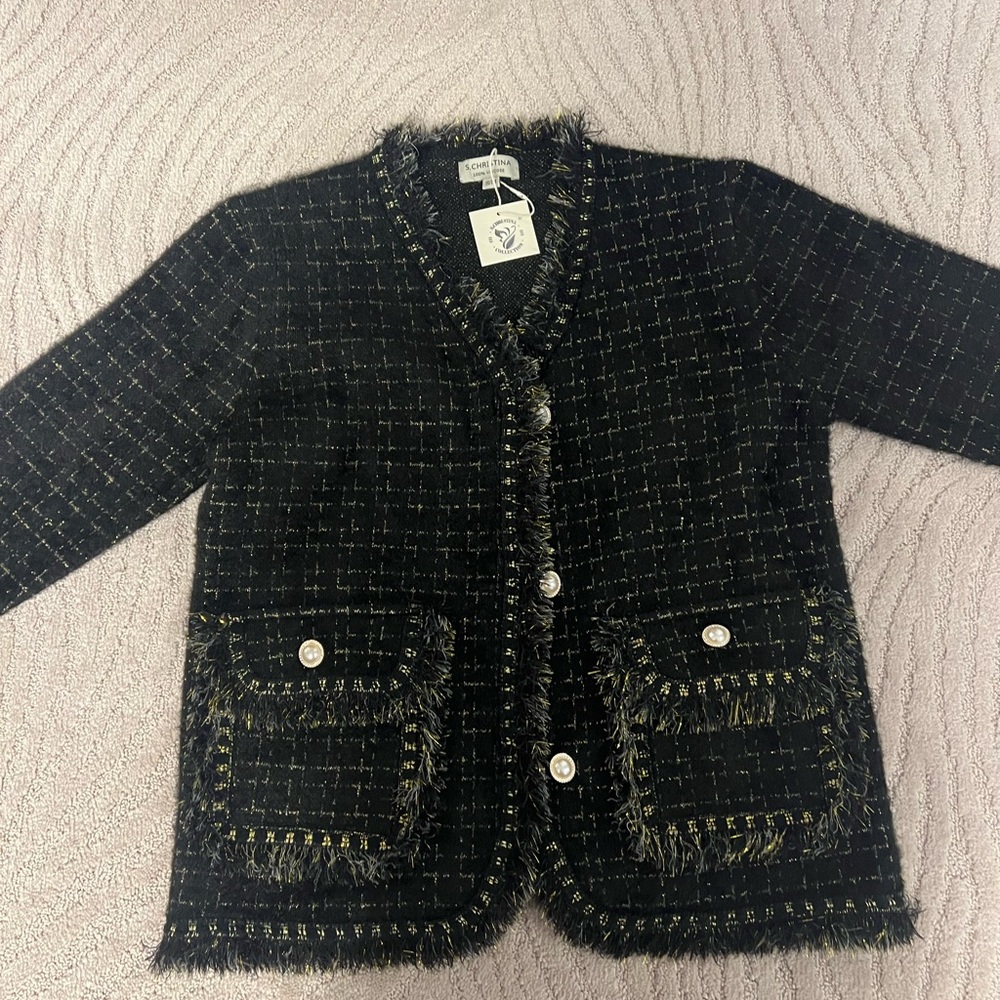 S. Christina Black and Gold Tweed Jacket Pearl Buttons NWT
